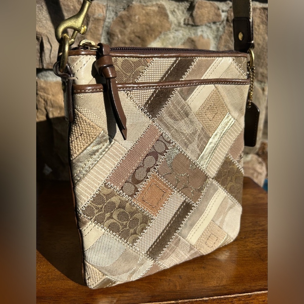 Coach Patchwork Khaki Brown Denim Swingpack Crossbody 41705 Y2K - Picture 4 of 16